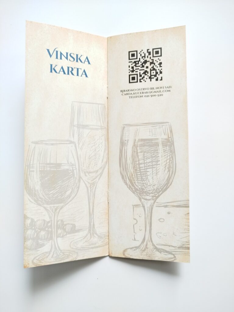 Otvorena vinska karta restorana sa elegantnim dizajnom i ilustracijama čaša